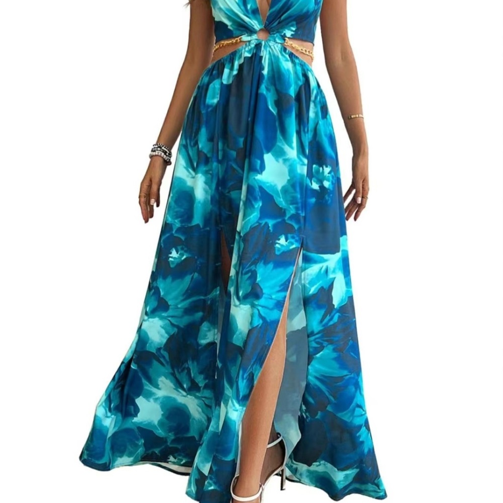 Elegant Blue Floral Maxi Dress